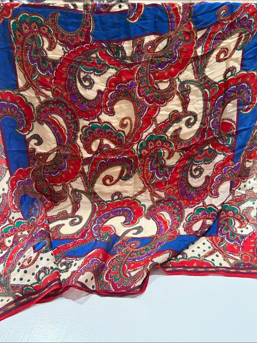 Vintage 1960’s Paisley delicate Silk Scarf in Red, Blue & Cream